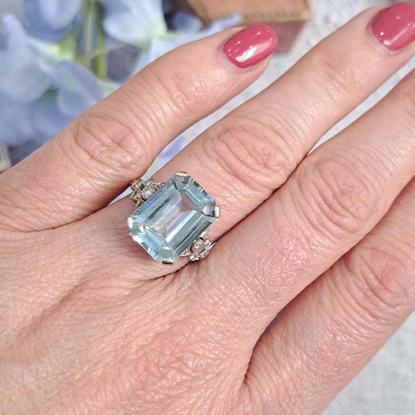 Art Deco 7ct Aquamarine and Diamond Statement Ring
