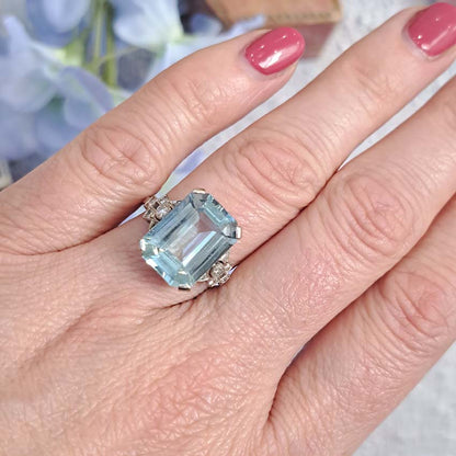 Art Deco 7ct Aquamarine and Diamond Statement Ring
