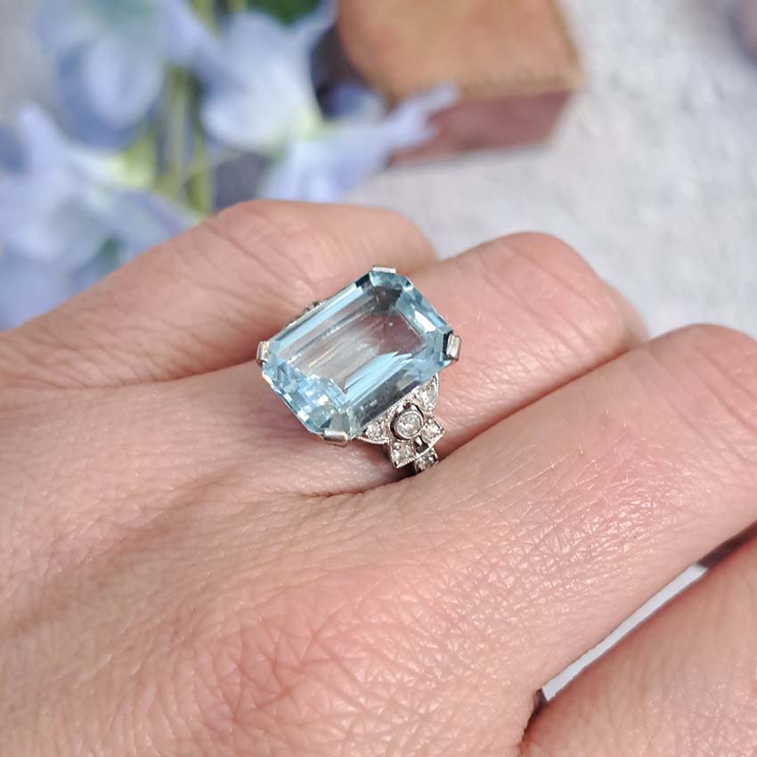 Art Deco 7ct Aquamarine and Diamond Statement Ring