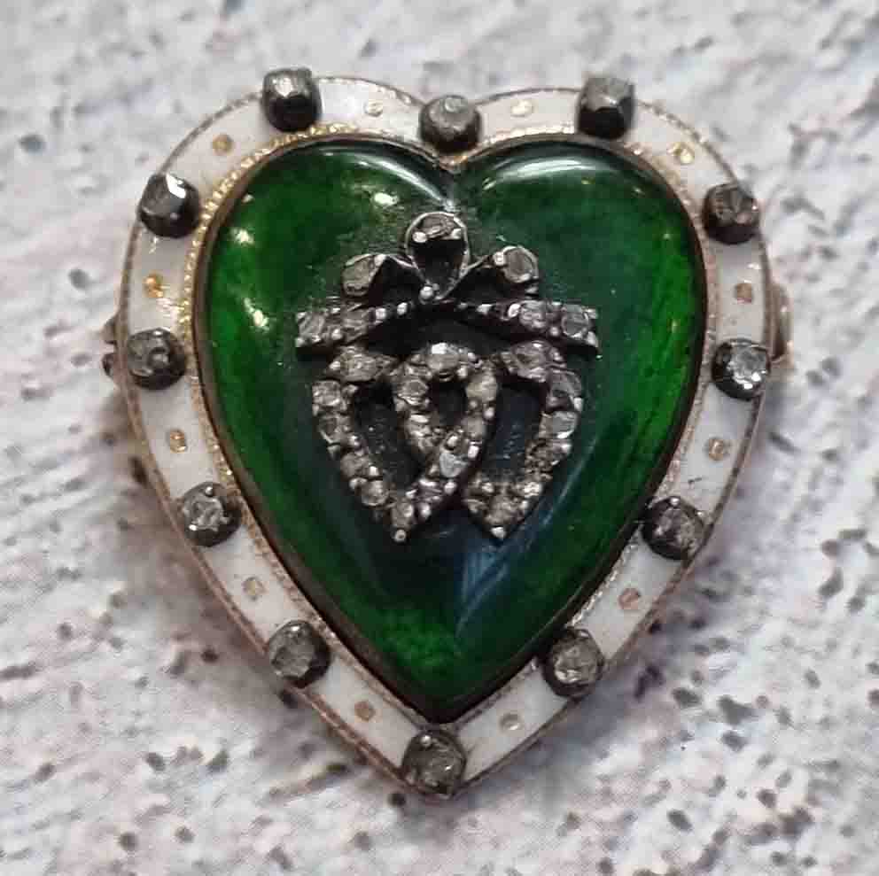 Victorian Antique Green and White Enamel Heart Brooch with Diamonds