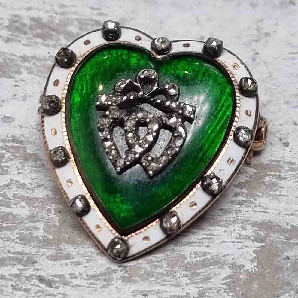 Victorian Antique Green and White Enamel Heart Brooch with Diamonds