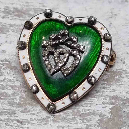 Victorian Antique Green and White Enamel Heart Brooch with Diamonds
