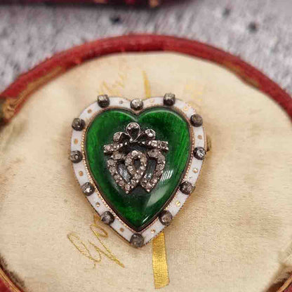 Victorian Antique Green and White Enamel Heart Brooch with Diamonds