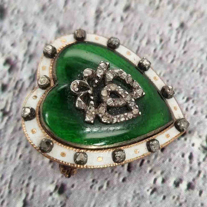 Victorian Antique Green and White Enamel Heart Brooch with Diamonds