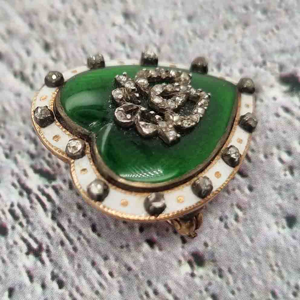 Victorian Antique Green and White Enamel Heart Brooch with Diamonds