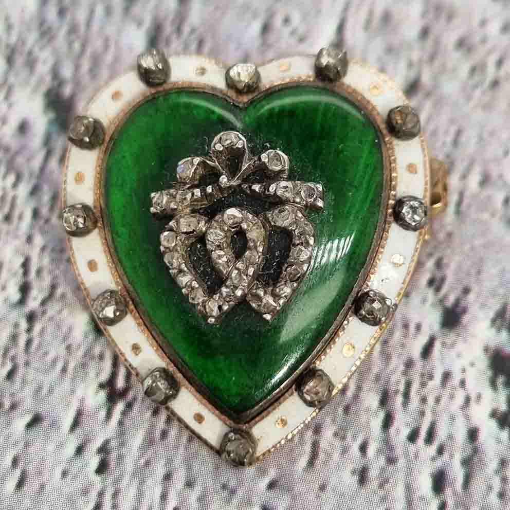 Victorian Antique Green and White Enamel Heart Brooch with Diamonds
