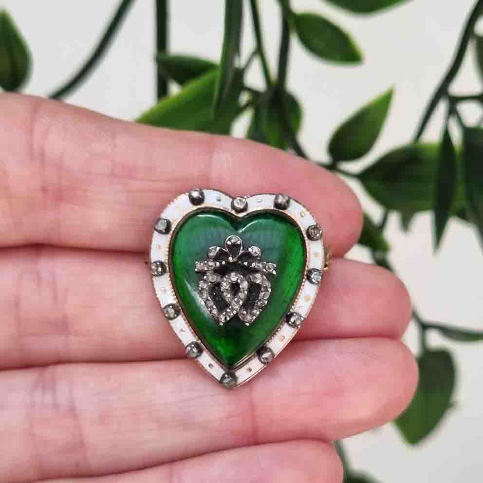 Victorian Antique Green and White Enamel Heart Brooch with Diamonds