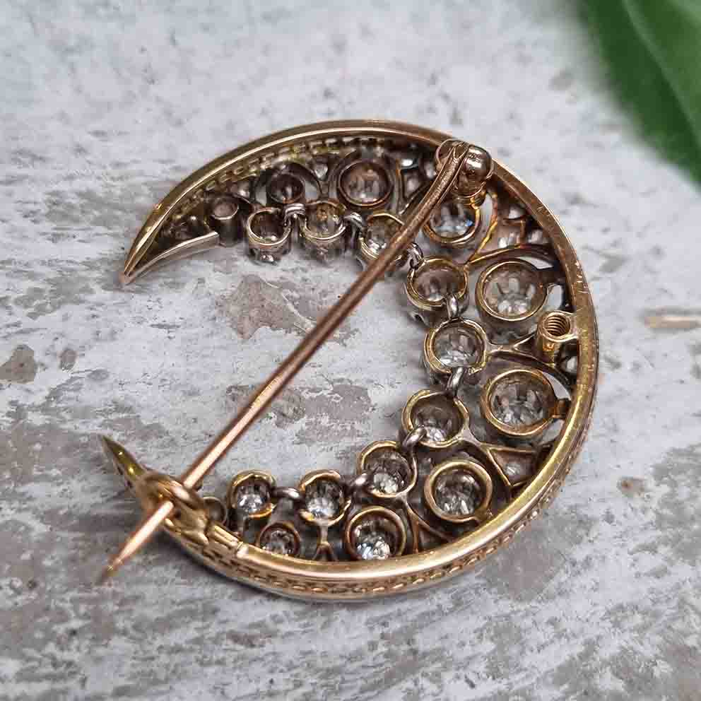 Victorian Antique 1ct Old Cut Diamond Crescent Moon Brooch