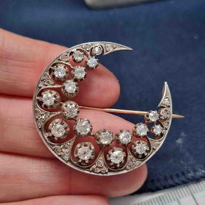 Victorian Antique 1ct Old Cut Diamond Crescent Moon Brooch