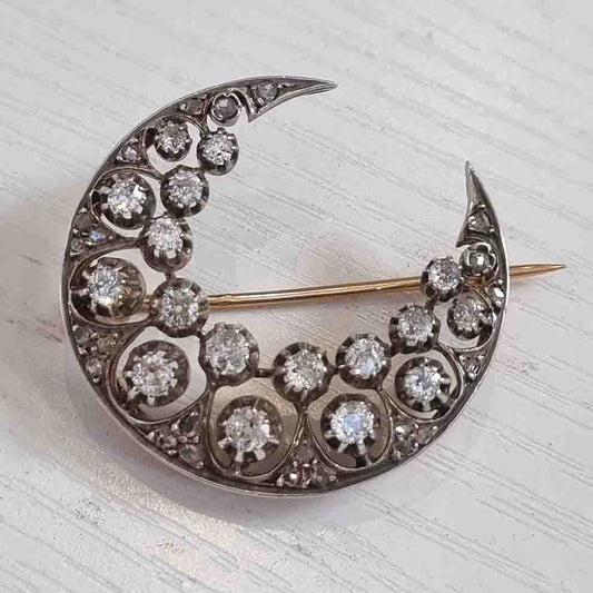 Victorian Antique 1ct Old Cut Diamond Crescent Moon Brooch