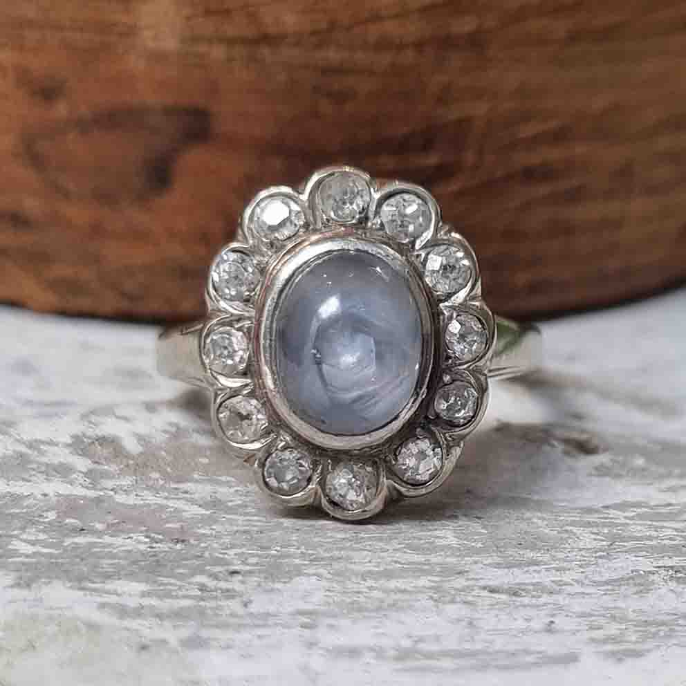 Late Art Deco Star Sapphire and Diamond Cluster Ring