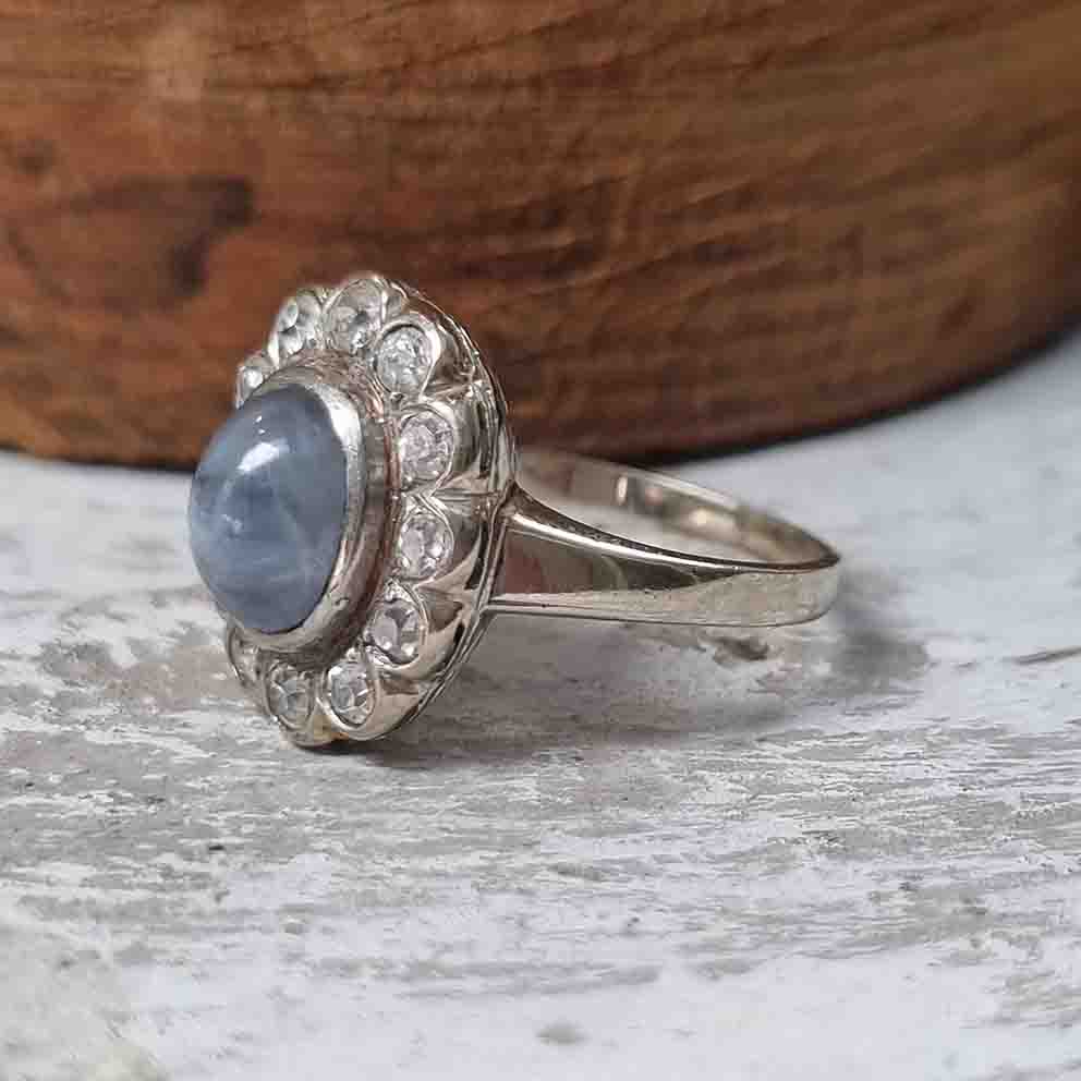 Late Art Deco Star Sapphire and Diamond Cluster Ring