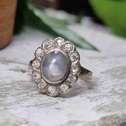 Late Art Deco Star Sapphire and Diamond Cluster Ring