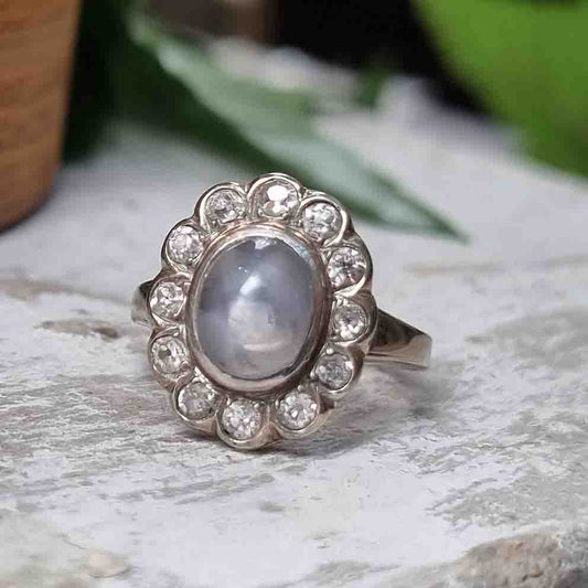 Late Art Deco Star Sapphire and Diamond Cluster Ring