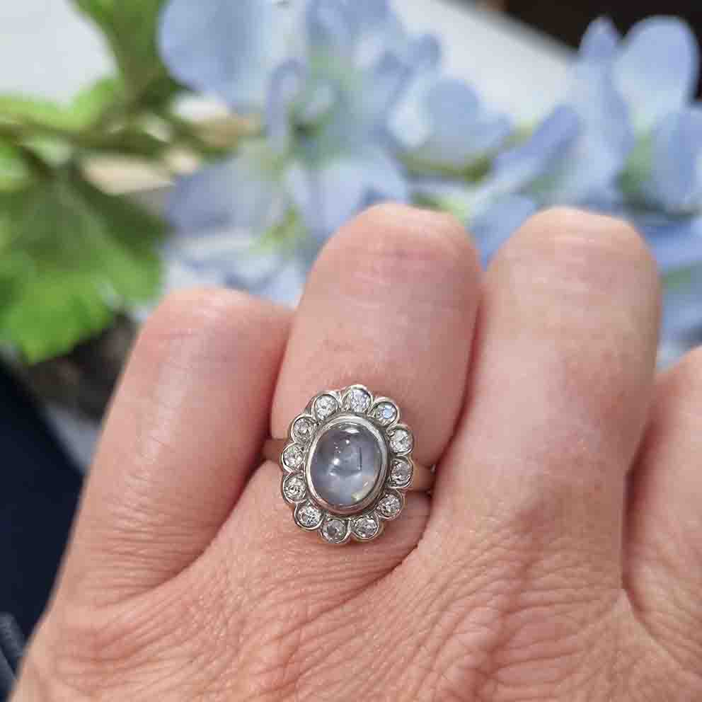 Late Art Deco Star Sapphire and Diamond Cluster Ring