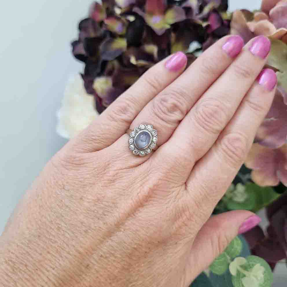 Late Art Deco Star Sapphire and Diamond Cluster Ring