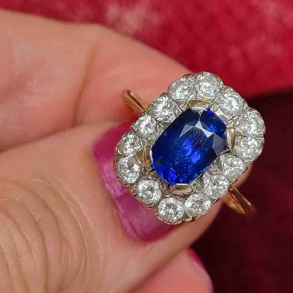 Vintage Royal Blue Sapphire and Diamond Cluster Engagement Ring