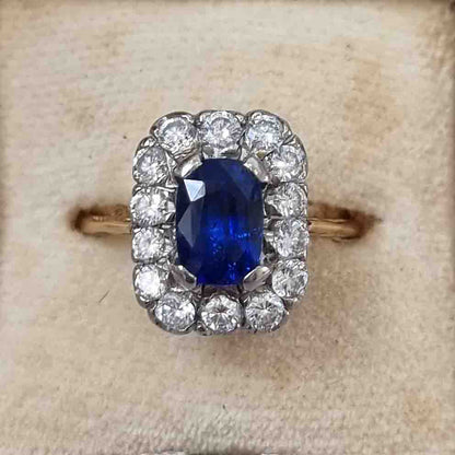 Vintage Royal Blue Sapphire and Diamond Cluster Engagement Ring