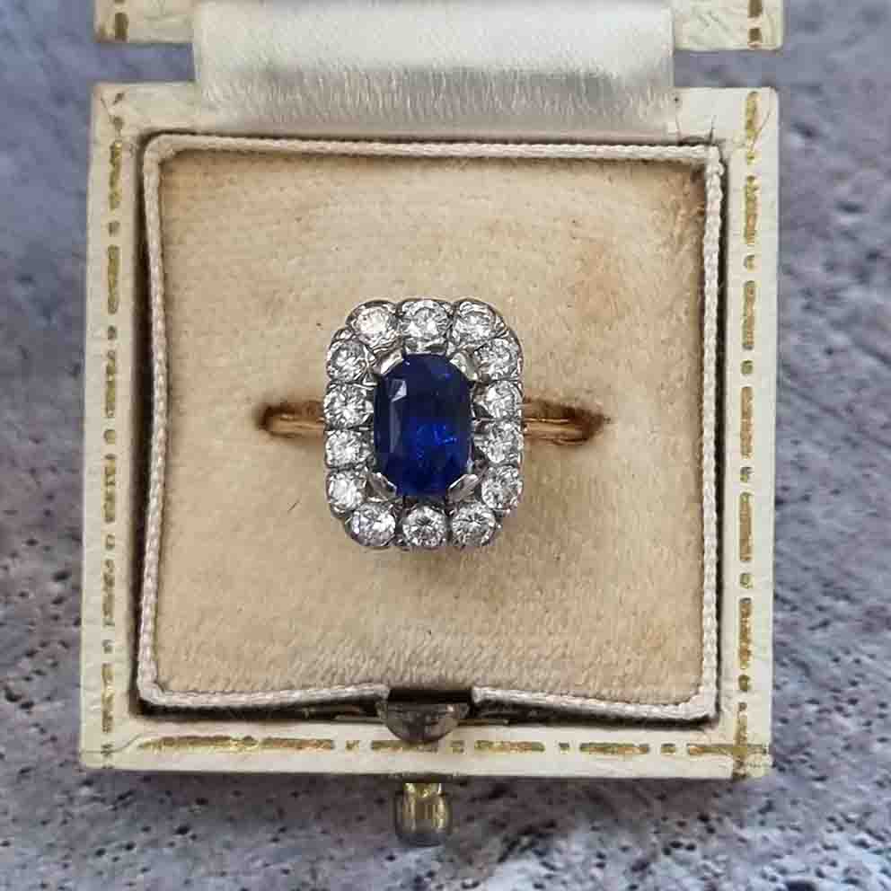 Vintage Royal Blue Sapphire and Diamond Cluster Engagement Ring