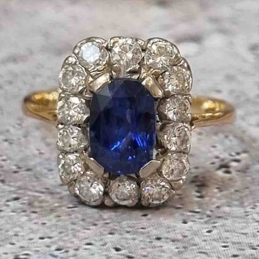 Vintage Royal Blue Sapphire and Diamond Cluster Engagement Ring