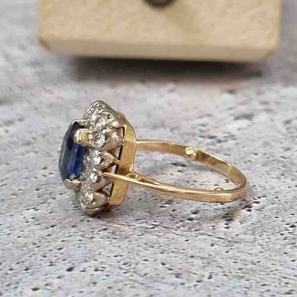 Vintage Royal Blue Sapphire and Diamond Cluster Engagement Ring