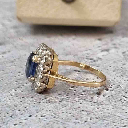 Vintage Royal Blue Sapphire and Diamond Cluster Engagement Ring