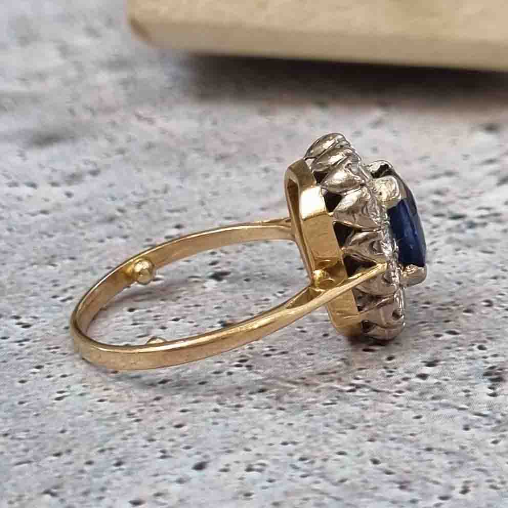 Vintage Royal Blue Sapphire and Diamond Cluster Engagement Ring