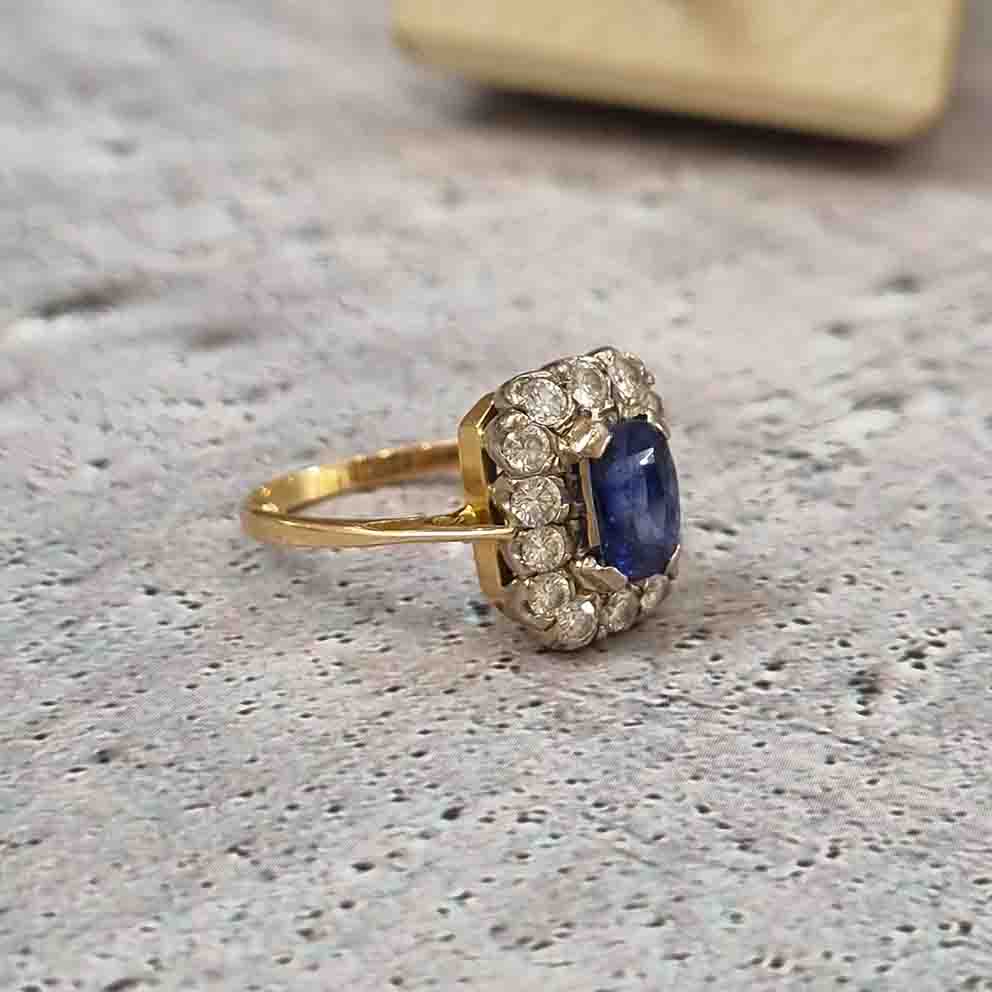 Vintage Royal Blue Sapphire and Diamond Cluster Engagement Ring
