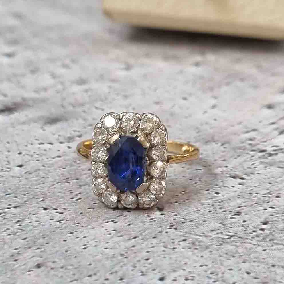 Vintage Royal Blue Sapphire and Diamond Cluster Engagement Ring