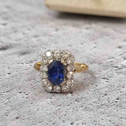 Vintage Royal Blue Sapphire and Diamond Cluster Engagement Ring
