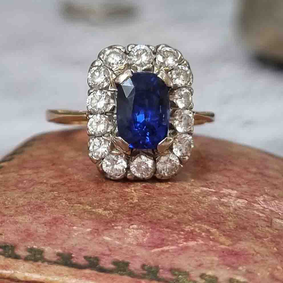 Vintage Royal Blue Sapphire and Diamond Cluster Engagement Ring