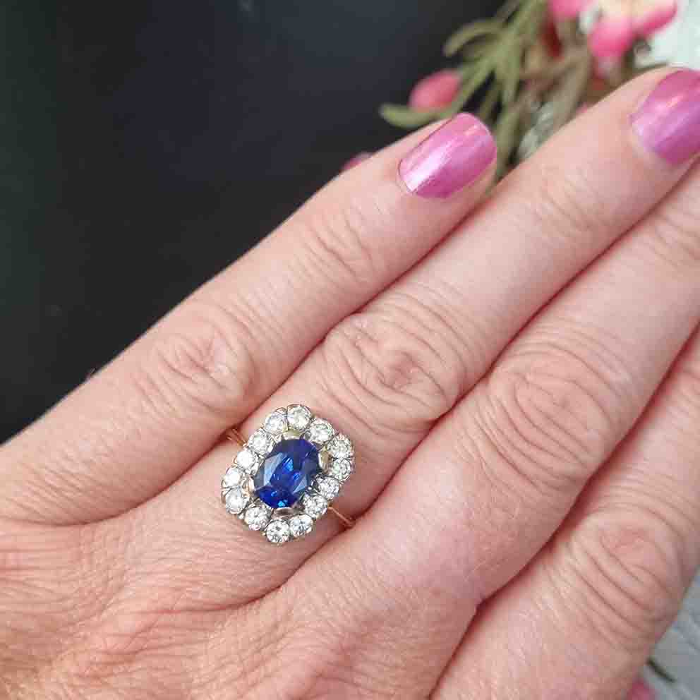 Vintage Royal Blue Sapphire and Diamond Cluster Engagement Ring