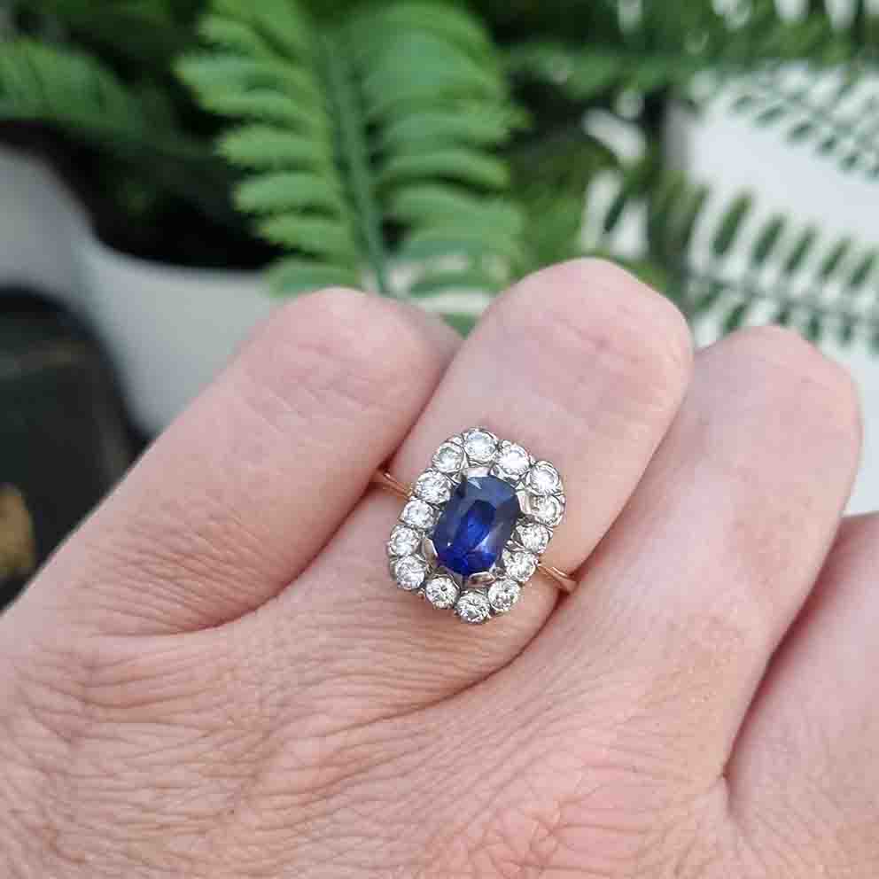 Vintage Royal Blue Sapphire and Diamond Cluster Engagement Ring