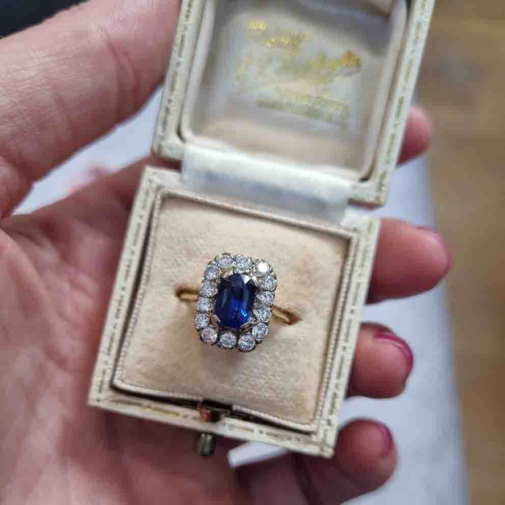Vintage Royal Blue Sapphire and Diamond Cluster Engagement Ring