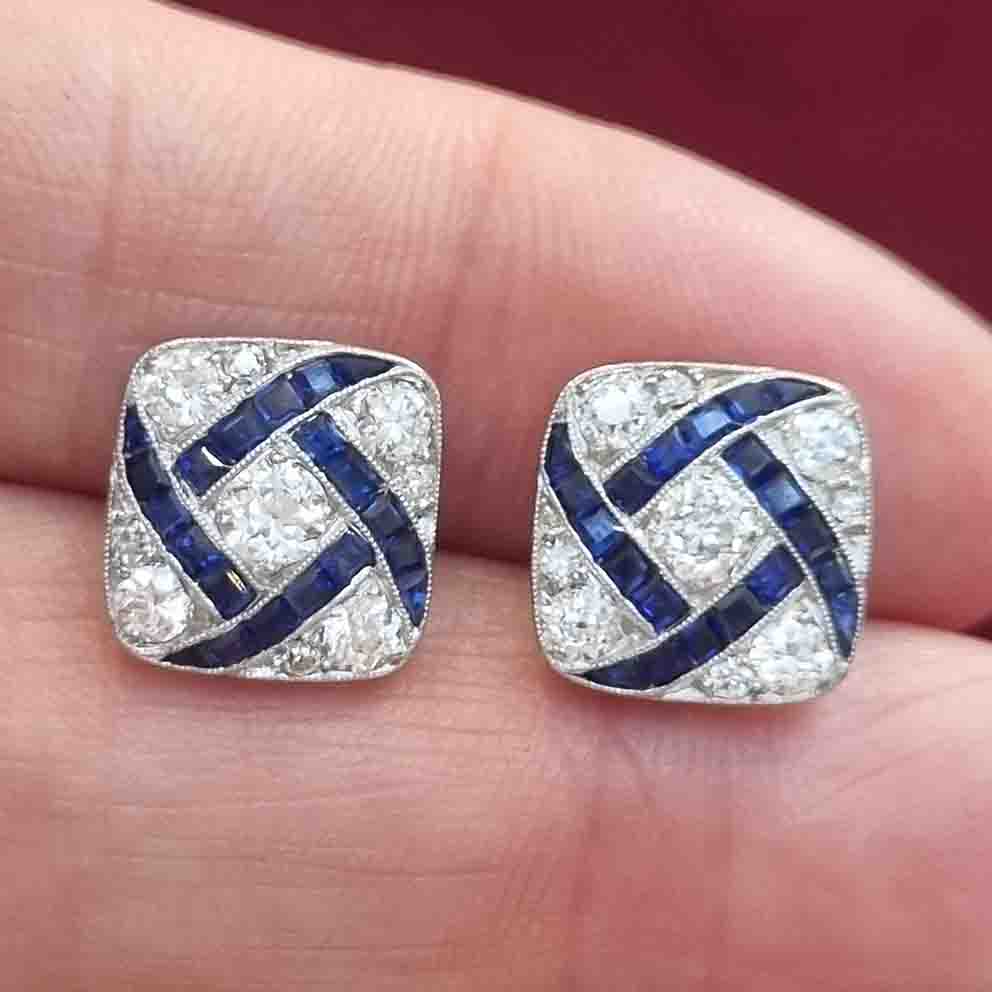 Vintage Art Deco Sapphire and Diamond Square Cluster Earrings