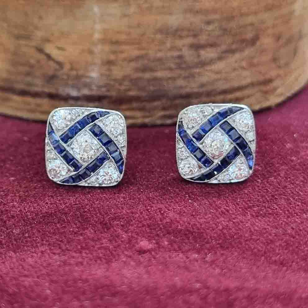 Vintage Art Deco Sapphire and Diamond Square Cluster Earrings