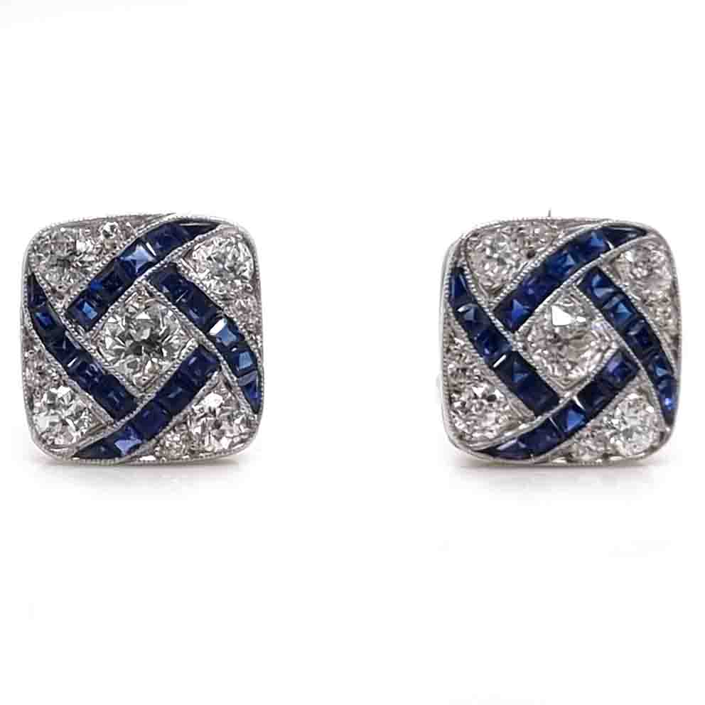 Vintage Art Deco Sapphire and Diamond Square Cluster Earrings