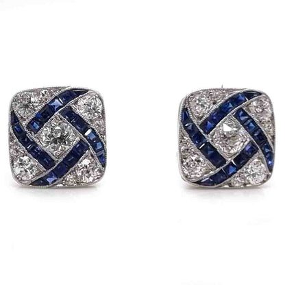 Vintage Art Deco Sapphire and Diamond Square Cluster Earrings