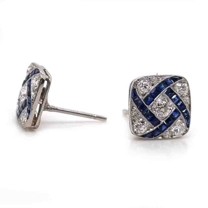Vintage Art Deco Sapphire and Diamond Square Cluster Earrings
