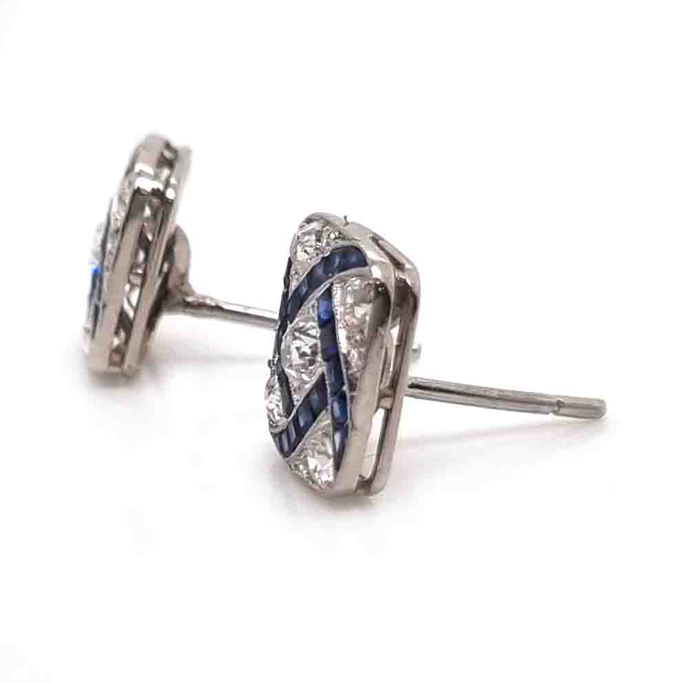 Vintage Art Deco Sapphire and Diamond Square Cluster Earrings