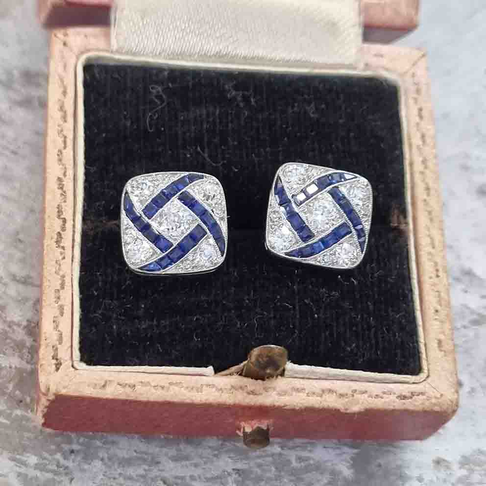 Vintage Art Deco Sapphire and Diamond Square Cluster Earrings
