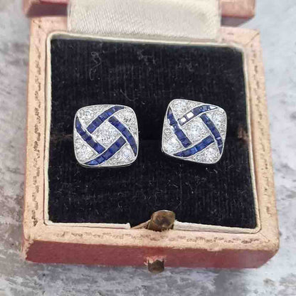 Vintage Art Deco Sapphire and Diamond Square Cluster Earrings