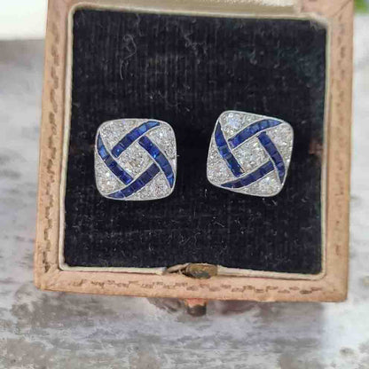 Vintage Art Deco Sapphire and Diamond Square Cluster Earrings