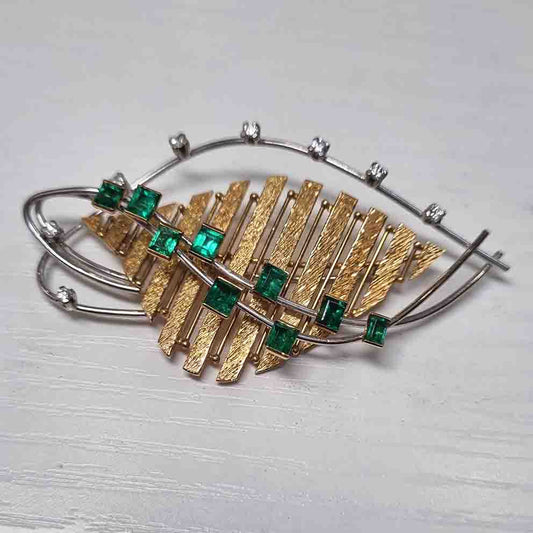 Retro 1960s Diamond Emerald Abstract Gold Leaf Brooch