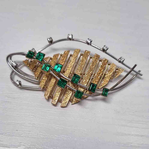 Retro 1960s Diamond Emerald Abstract Gold Leaf Brooch