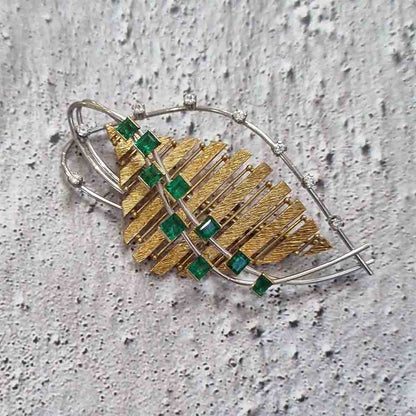 Retro 1960s Diamond Emerald Abstract Gold Leaf Brooch
