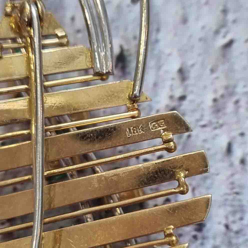 Retro 1960s Diamond Emerald Abstract Gold Leaf Brooch