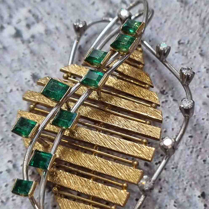 Retro 1960s Diamond Emerald Abstract Gold Leaf Brooch