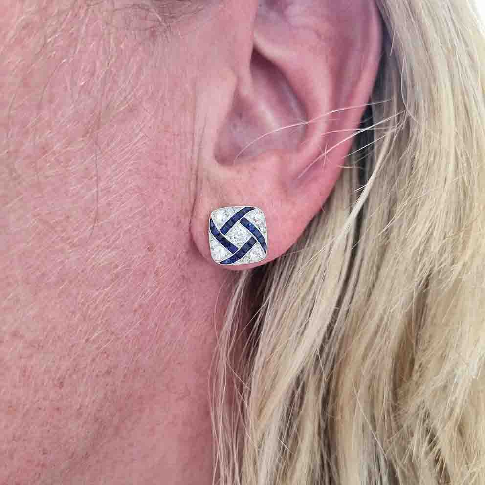 Vintage Art Deco Sapphire and Diamond Square Cluster Earrings