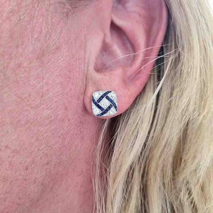 Vintage Art Deco Sapphire and Diamond Square Cluster Earrings